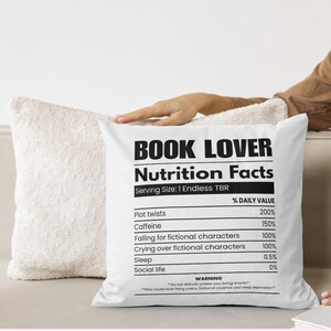 Book Lover Nutritional Facts PNG as a bookish pillow design