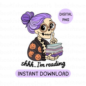 Spooky Bookish Halloween PNG, Skull reading PNG, Girly Fall Book Lover Sublimation Design, Book stack png, I&#39;m reading design for stickers