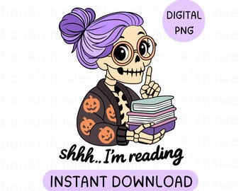 Spooky Bookish Halloween PNG, Skull reading PNG, Girly Fall Book Lover Sublimation Design, Book stack png, I'm reading design for stickers