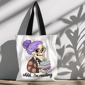 Shhh I'm reading bookish halloween tote bag png design