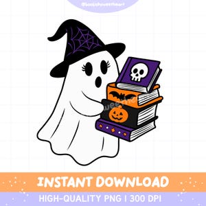 Bookish Halloween Ghost PNG, Book lover spooky season kindle sticker png, Cozy fall book lover tee design, Bookish clipart commercial use