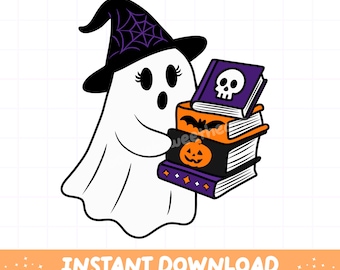 Bookish Halloween Ghost PNG, Book lover spooky season kindle sticker png, Cozy fall book lover tee design, Bookish clipart commercial use