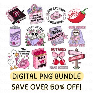Romance Book PNG Bundle, Printable bookish stickers, Smut PNG for book lovers, Retro Reading PNG Designs for bookmarks, t-shirts, tumblers