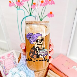 Shhh I'm reading cup png for halloween, great for librarian gifts.