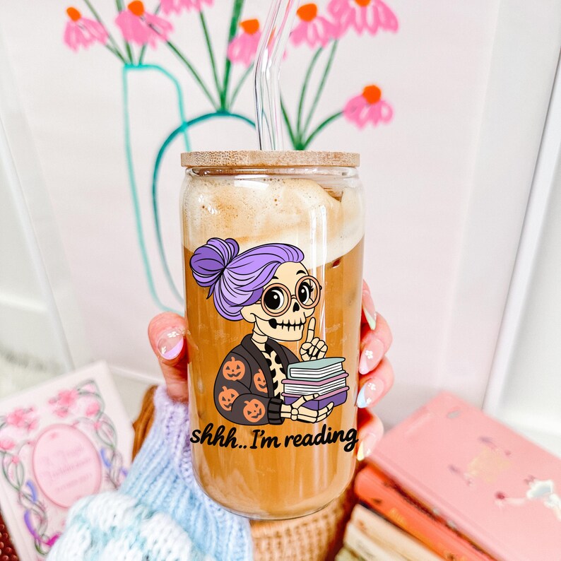 Shhh I'm reading cup png for halloween, great for librarian gifts.