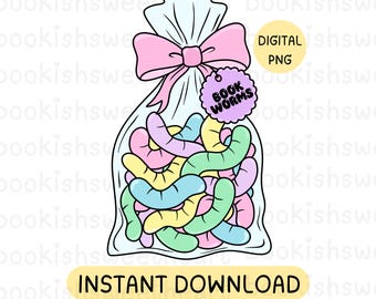 Bookworms PNG, Bookish Clipart, Cute Romance Book Lover Sublimation, Reading Sticker Design, Pastel Bookworm Illustration