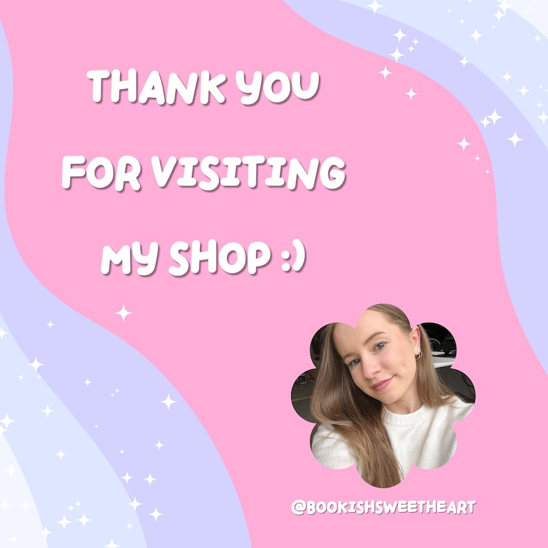 May include: A digital graphic with a pink and light purple wavy background featuring white sparkles and the text THANK YOU FOR VISITING MY SHOP :). A circular photo of a person with long brown hair wearing a white sweater is inside a flower shape.