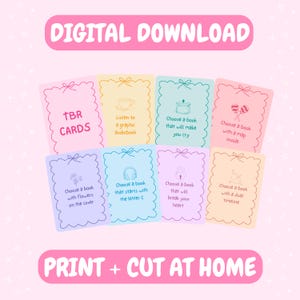 150 printable TBR card game. Includes 8 examples of the prompt cards included in the pack. These can be print + cut at home.