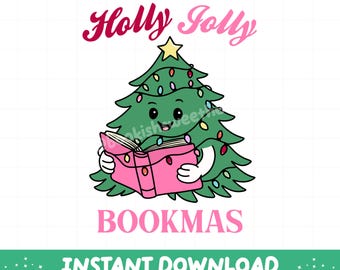 May include: A digital illustration of a green Christmas tree character with a smiling face, holding an open pink book. The tree is decorated with colorful string lights and a yellow star. The text reads Holly Jolly BOOKMAS in pink letters.