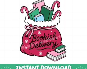 May include: A pink gift sack with a white fur trim, filled with colorful books and candy canes. The text Bookish Delivery is printed in black script on the front. Two additional books are stacked on the ground in front of the sack.