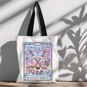 A "Hockey Romance" bookish png mocked up on a tote bag.