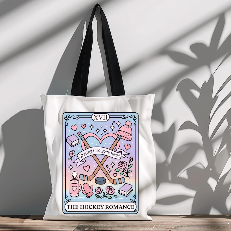 A "Hockey Romance" bookish png mocked up on a tote bag.
