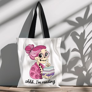 Cute bookish Skull tote bag design