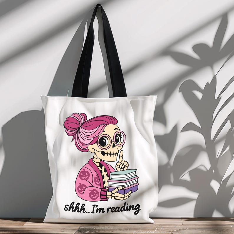 Cute bookish Skull tote bag design