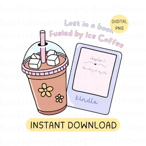 Taza de café helado con libro PNG, Ratón de biblioteca PNG, Diseño literario femenino, Arte para amantes de los libros, Sublimación PNG para amantes del café para calcomanías de Kindle, marcadores