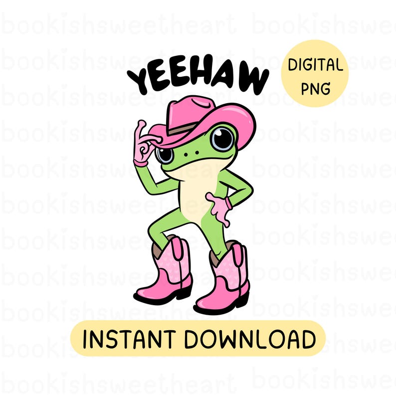 A cartoon cowboy green frog that has a pink cowboy hat, and pink cowboy boots with heart detailing. The text "Yeehaw" is curved above the image.