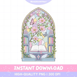Könnte beinhalten: Eine digitale Illustration eines bogenförmigen Buntglasfensters mit einem aufgeschlagenen Buch auf einem Podest, flankiert von zwei Bücherregalen. Das Design zeigt rosa Blumen, grüne Ranken und zwei Schmetterlinge vor einem pastellfarbenen Hintergrund.