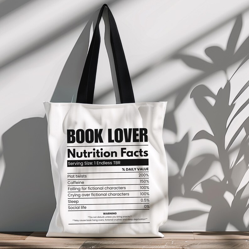 Book Lover Nutritional Facts PNG as a bookish tote bag design