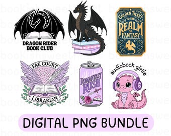 Fantasy Book Lover PNG Bundle, Romantasy Printable Bookish Stickers, Spicy Reader Sublimation Designs