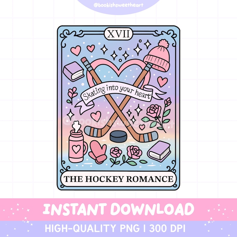 Bookish tarot card PNG design that says "THE HOCKEY ROMANCE" with elements representing the hockey romance book trope.