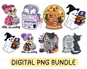 Halloween Bookish PNG Bundle, Fall Printable bookish stickers, Book lover PNG, Trendy spooky season reading book ghost PNG, Ghost reading