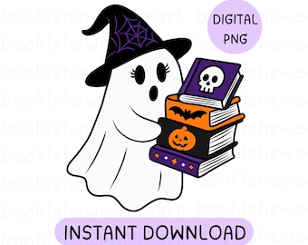 Bookish Halloween Ghost PNG, Book lover spooky season kindle sticker png, Cozy fall book lover tee design, Bookish clipart commercial use