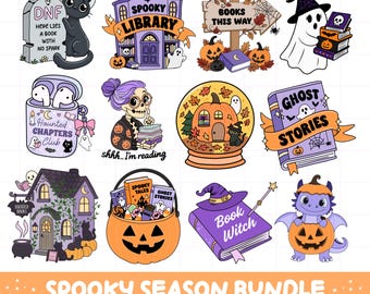 Paquete de imágenes PNG de Halloween con temática literaria, adorables pegatinas digitales de fantasmas leyendo para amantes de los libros, diseños modernos y espeluznantes para la temporada de otoño.