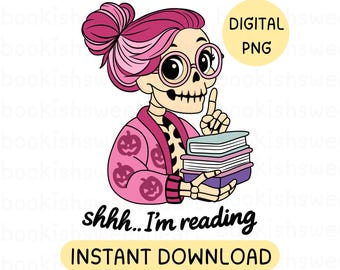 Bookish Skeleton Halloween PNG, Spooky Season Shirt Design (Digital Download)
