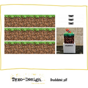 Può includere: Tre bordi stampabili a tema Minecraft con blocchi di terra marroni ed erba verde. I bordi sono per una festa o un progetto artigianale. Ci sono tre etichette che dicono "TNT" in testo nero su sfondo bianco. C'è anche una piccola torta a tema Minecraft con un blocco TNT in cima. La torta è su una base bianca con il sito web "www.plumere.ch" stampato su di essa. Il testo "Druckdatei: pdf" è nella parte inferiore dell'immagine.