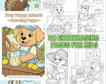 Könnte beinhalten: Ein Malbuch für Kinder mit dem Titel "Busy Happy Animals Coloring Pages" mit 40 ermutigenden Seiten. Die Illustrationen zeigen einen Hund, der Limonade macht, eine Pute, die Trompete spielt, und einen Bären am Kamin.