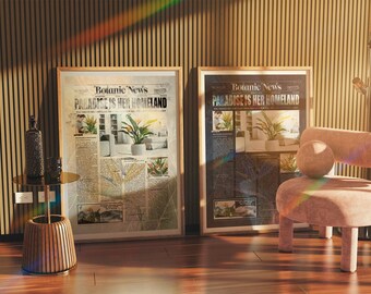 Conjunto de arte mural vintage de Strelitzia Reginae: Impresión tipográfica de Ave del Paraíso / Paquete de póster botánico estilo periódico digital