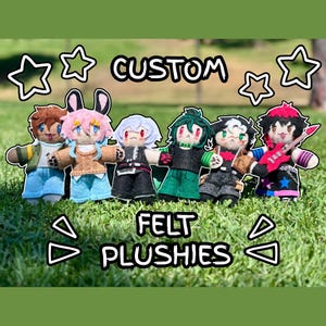 May include: Six small handmade felt plushies standing in a row, each with distinct hair colors, outfits, and accessories. The text CUSTOM FELT PLUSHIES is centered in the image, surrounded by hand-drawn star and triangle outlines on a green background.