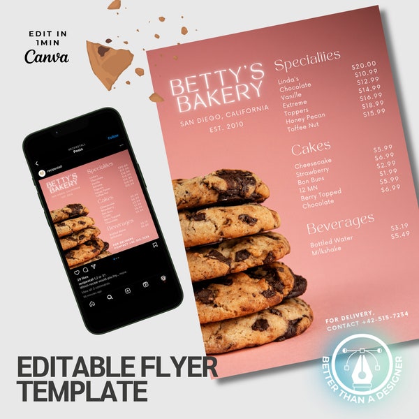 Bakery Price List Menu Flyer, DIY Template Design, Tasty Pastry, Sweet Treats, Bake Sale Flyer, Dessert Flyer, Premade Cake Business Flyer