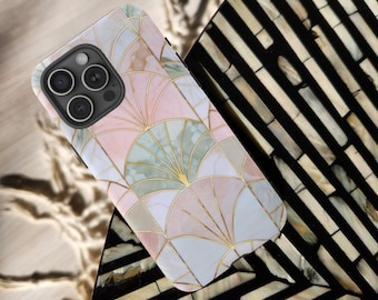 Art Deco Marble Pink Pastel Tough Phone Case Brass Arches and Curves iPhone 16 15 14 13 Pro Max Samsung Galaxy S24 S23 S25 Google Pixel 8 9
