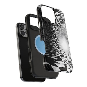 May include: Black smartphone with a black case and a separate case with a black and white geometric design. The geometric design has a tunnel-like appearance. The phone case is designed to protect the phone.