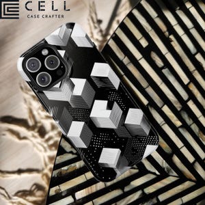 May include: Black and white geometric pattern phone case with the text "E CELL CASE CRAFTER". The case features a repeating cube design and a glossy finish. The phone case is designed to fit a smartphone.