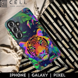 Neon Jungle Tiger Phone Case | Vibrant Tough Cover for iPhone Samsung Pixel | Trippy Tiger Art with Tropical Leaves