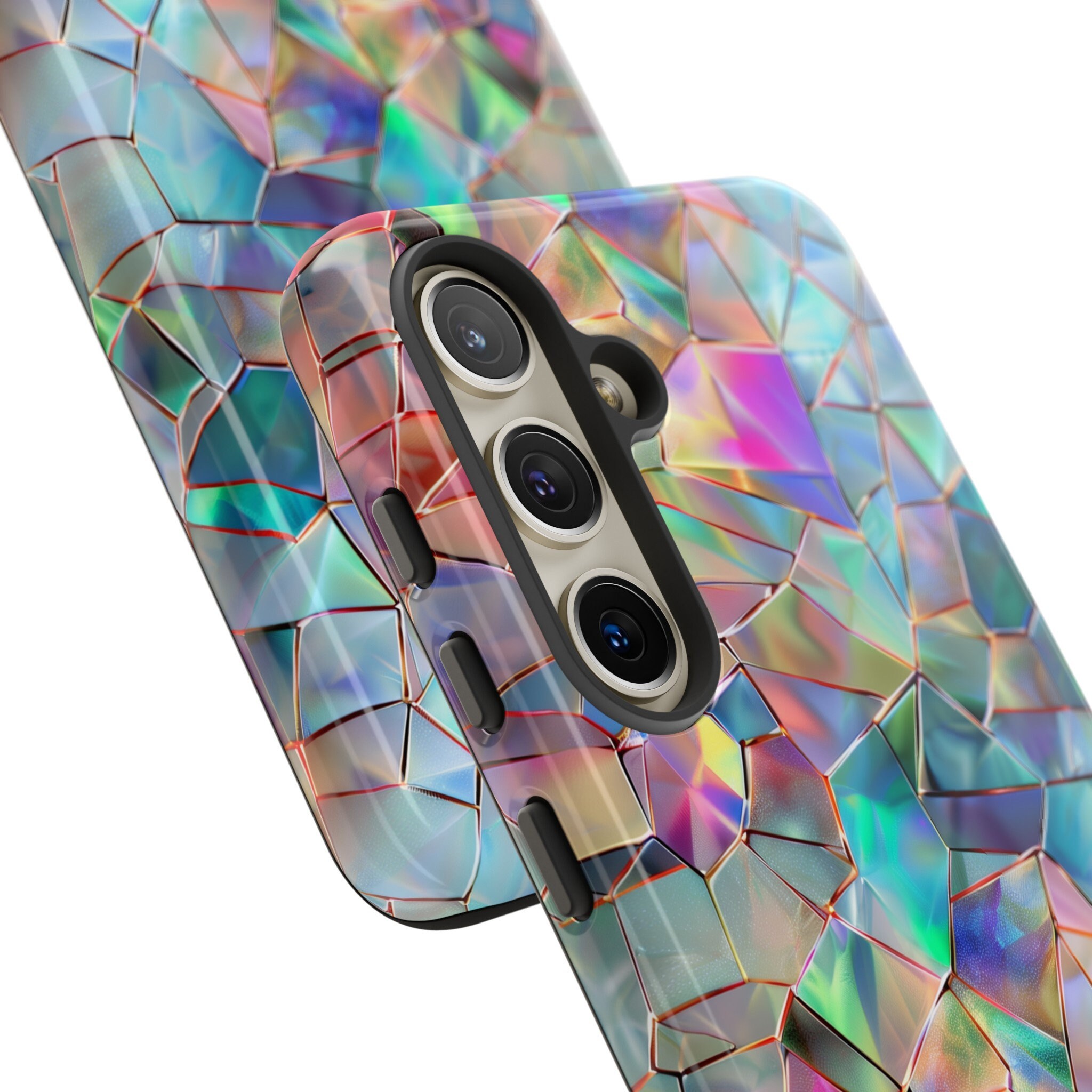 Iridescent Glass Tough Phone Case Shimmering Triangular Mosaic Pattern Art iPhone 15 14 Pro Max Samsung Galaxy S24 S23 Ultra Google Pixel 8