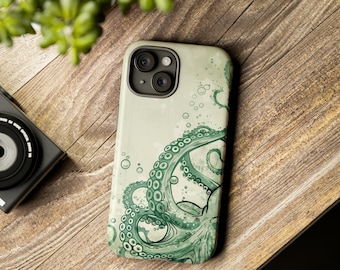 May include: A green and white phone case with an illustration of an octopus with tentacles and bubbles.