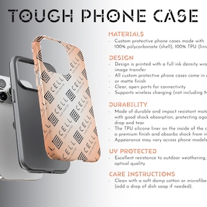 May include: A tough phone case with a gradient design featuring the text "CELL" repeated in black. The case is made of polycarbonate and TPU and is designed to protect your phone from drops and impacts. It also supports wireless charging.