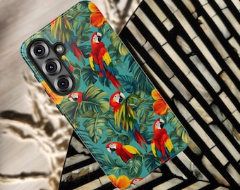 Tropical Macaw iPhone 17 16 15 Pro Max | Jungle Parrot Tough Cover | Vibrant Bird & Hibiscus for iPhone Samsung Galaxy S26 Ultra