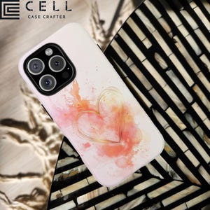 Valentines Heart - Watercolor Tough Phone Case - Minimalist Pink and Gold iPhone 16 15 Pro Max Samsung Galaxy S24 S25 Ultra Google Pixel 8