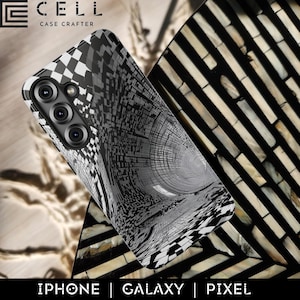May include: A black and white phone case with a geometric design. The case features a pattern of squares and lines, creating a tunnel-like effect. The phone case is for iPhone, Galaxy, and Pixel phones. The brand name "CELL CASE CRAFTER" is visible at the top.