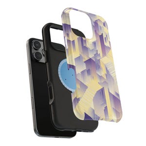 May include: A black smartphone with a protective case. The case has a geometric design in yellow, purple, and white. The phone is shown with the case partially removed, revealing the phone's camera and screen.