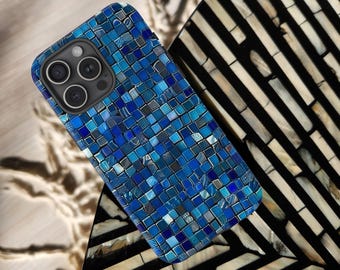 Mosaic Blue Tile iPhone Case | MagSafe Tough Cover | Glossy Ceramic Grid Print | Oceanic Minimalist Style | iPhone 16 15 14 13 Pro Max