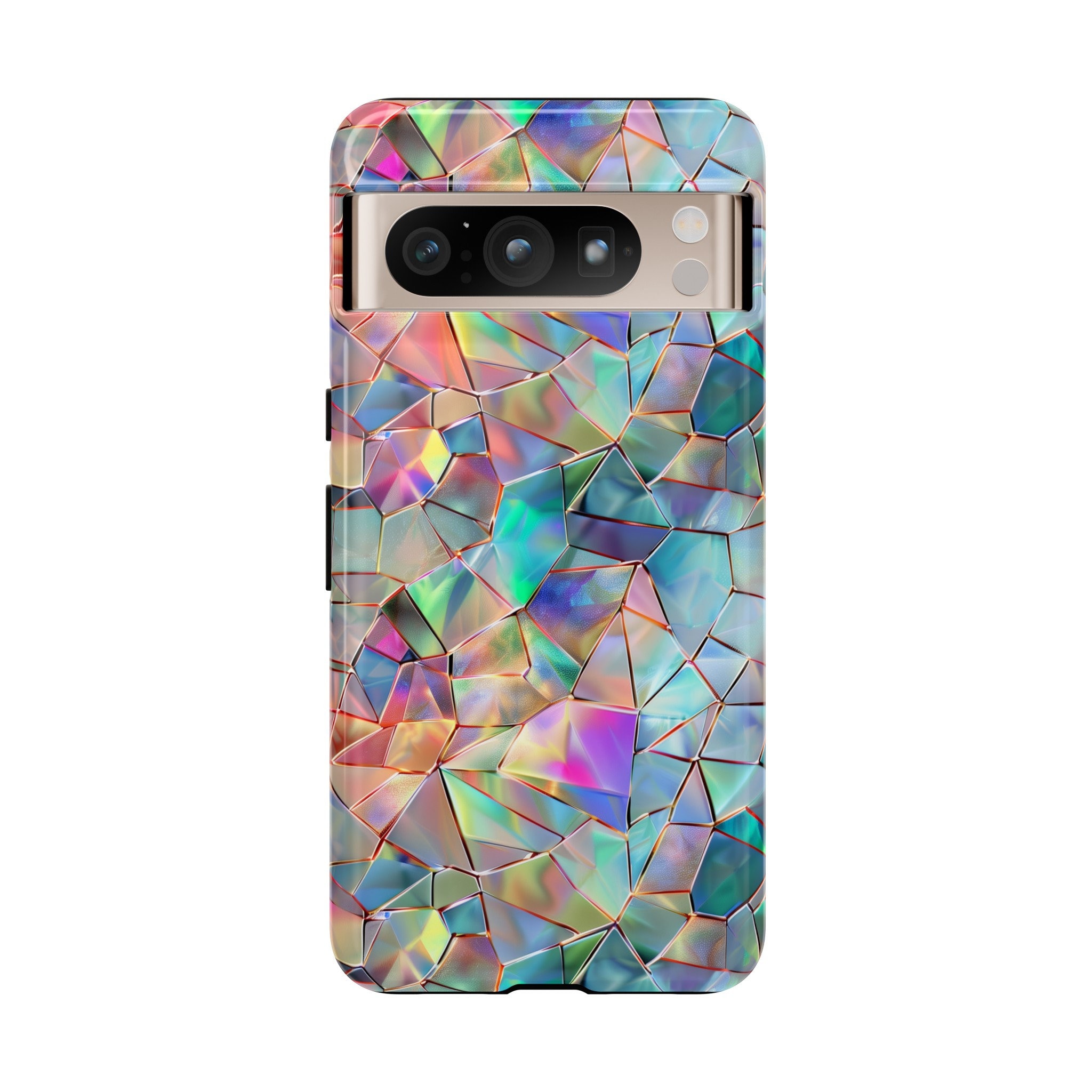 Iridescent Glass Tough Phone Case Shimmering Triangular Mosaic Pattern Art iPhone 15 14 Pro Max Samsung Galaxy S24 S23 Ultra Google Pixel 8