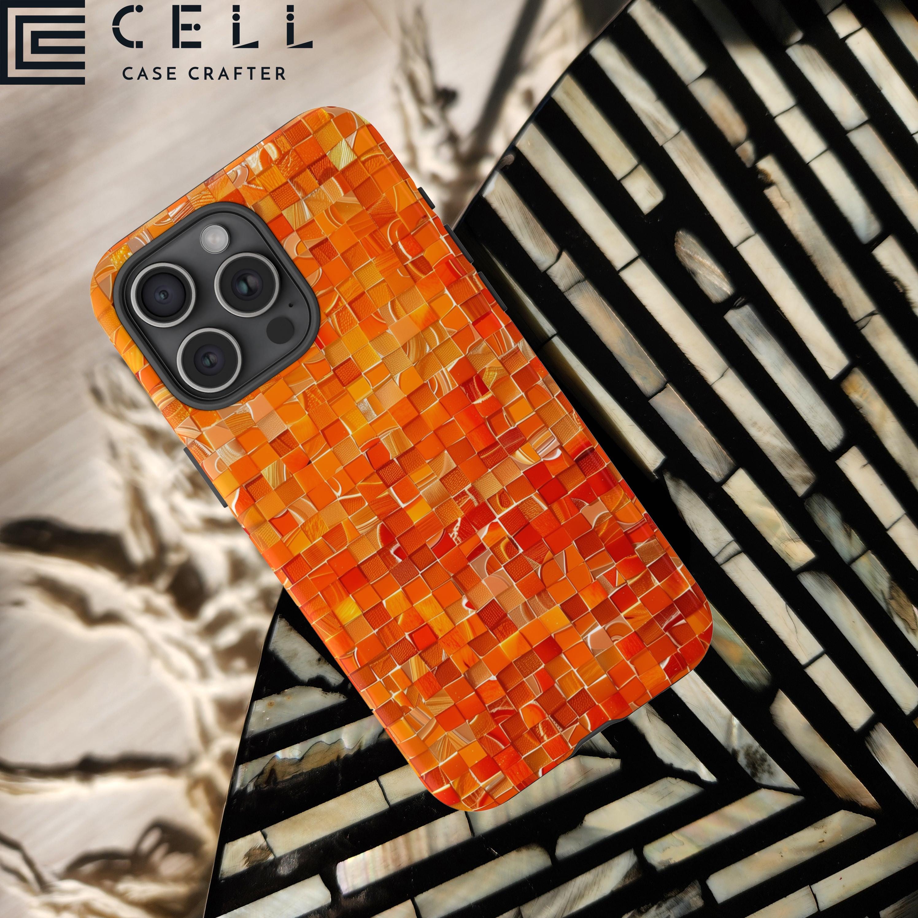 Orange Mosaic iPhone Case | Tough Cover | Retro Abstract Geometric Tile | iPhone 16 15 14 13 Pro Max Galaxy S25 S24 S23 Ultra Google Pixel 9