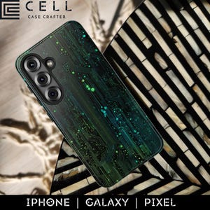 May include: A smartphone case with a green circuit board design. The case is black with a pattern of green lines and dots. The brand name "CELL CASE CRAFTER" is at the top. The bottom of the image has the words "IPHONE | GALAXY | PIXEL".