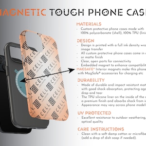 May include: A close-up of a phone case with a geometric pattern in shades of orange and black. The case is made of durable materials and has built-in magnets for compatibility with MagSafe accessories. The text "CELL" is repeated on the case.
