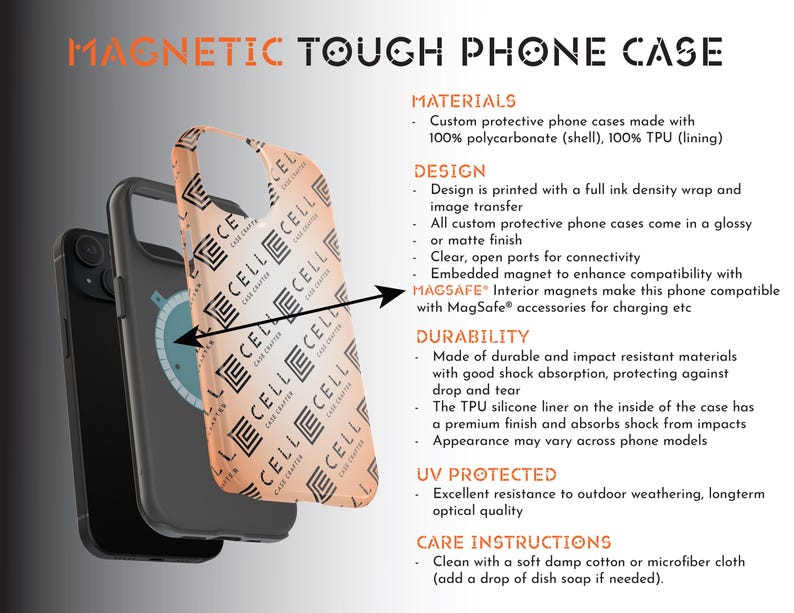 May include: A close-up of a phone case with a geometric pattern in shades of orange and black. The case is made of durable materials and has built-in magnets for compatibility with MagSafe accessories. The text "CELL" is repeated on the case.